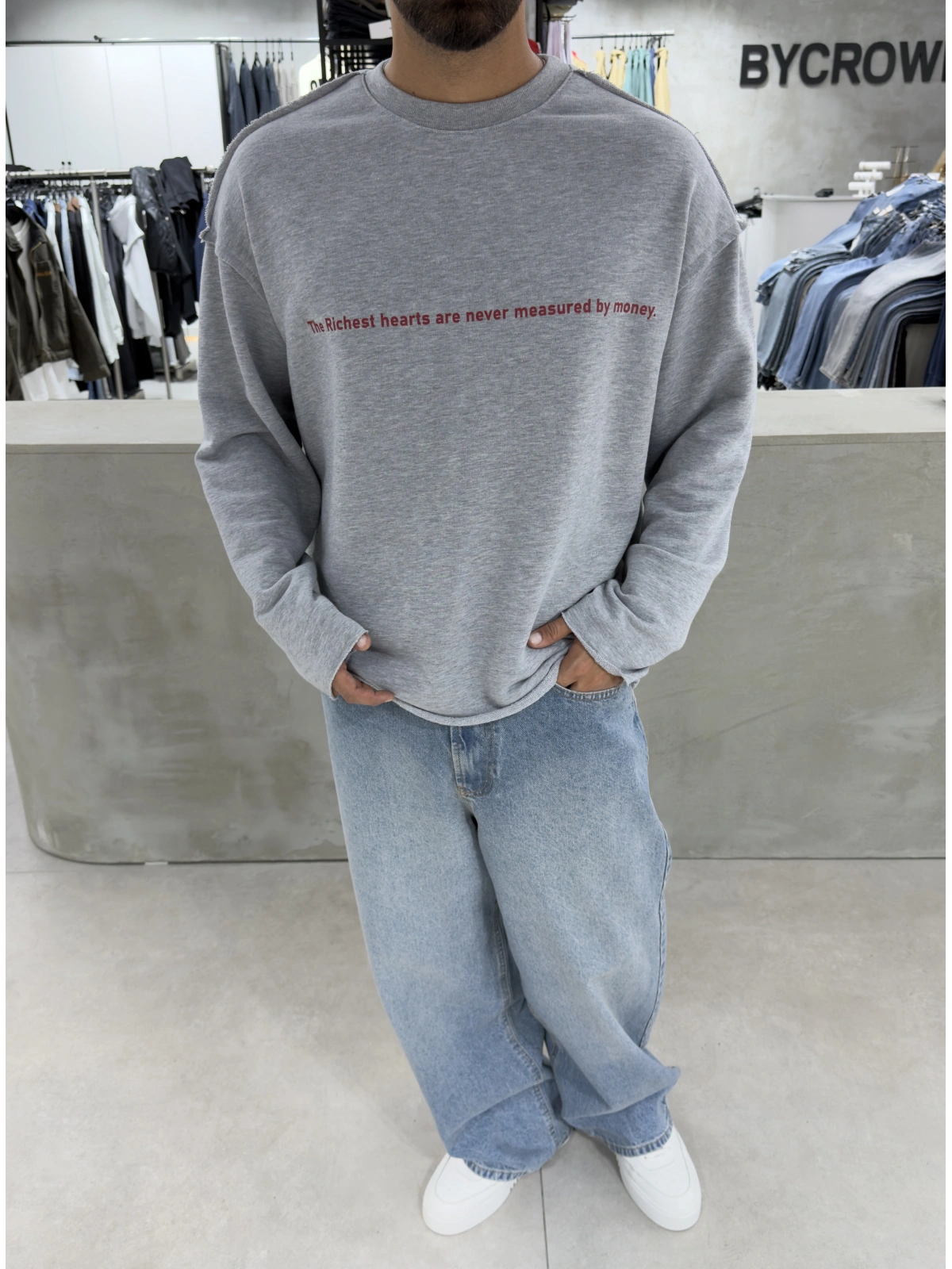 Grey Melange Money Cropped Oversize Sweatshirt